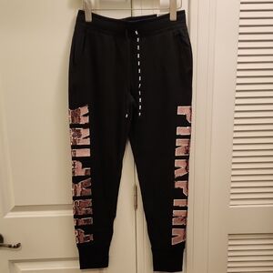 NWT PINK Victoria's Secret Black Joggers with Pink Sequin Lettering